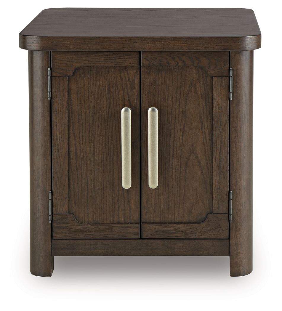 Dark brown 2-door rectangular end table with centered silver bar handles and flat top