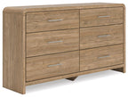 Light brown six-drawer dresser with metal bar pulls and angled legs