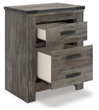 Gray two-drawer night stand with drawers open, showing light interior panels