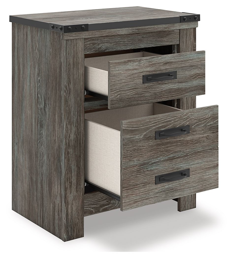 Gray two-drawer night stand with drawers open, showing light interior panels