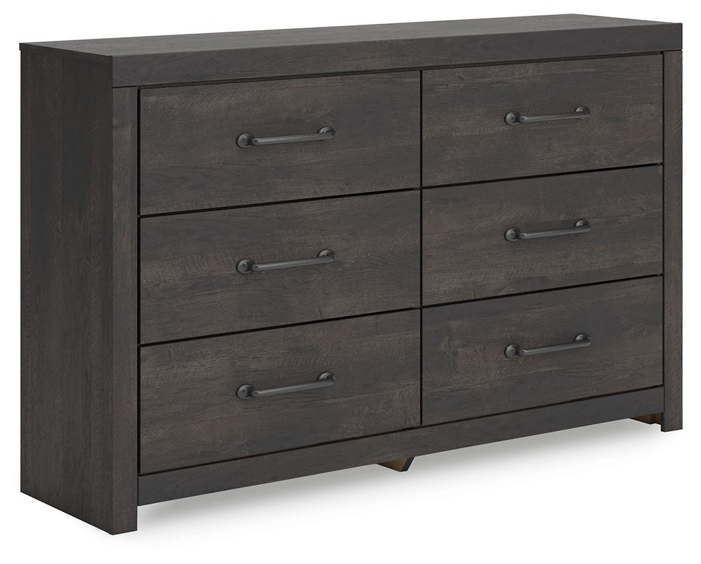 Dark gray six-drawer dresser with six metal bar pulls and flat front panels