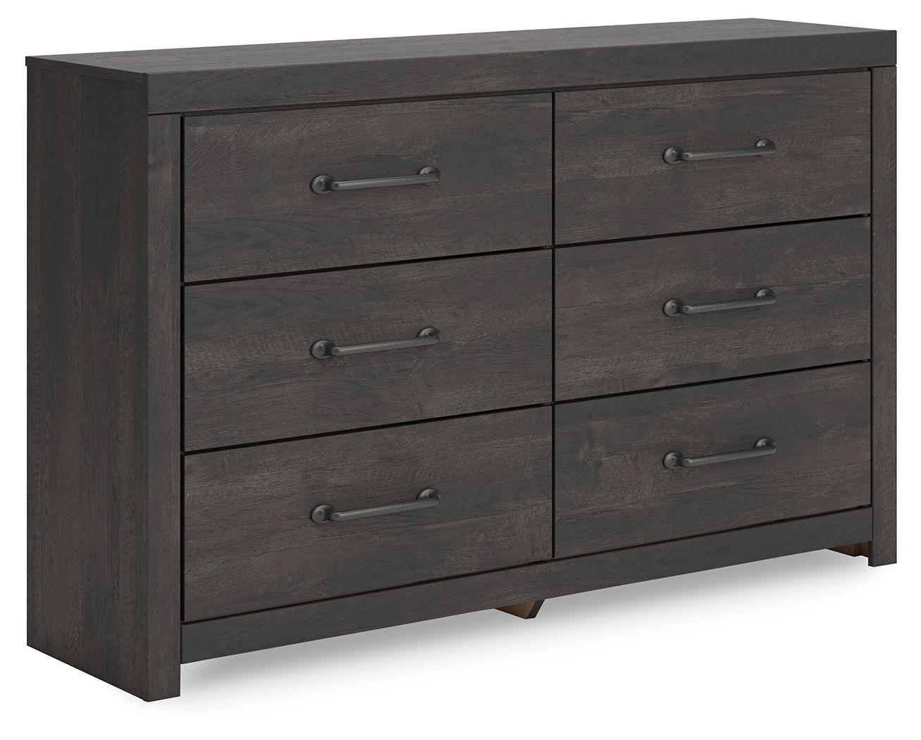 Dark gray six-drawer dresser with six metal bar pulls and flat front panels