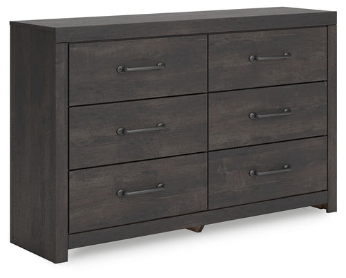 Dark gray six-drawer dresser with six metal bar pulls and flat front panels