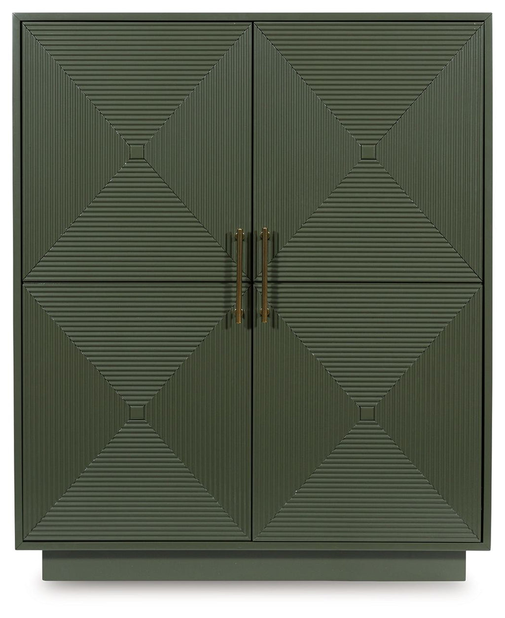 Dark green accent cabinet front with diamond geometric door panels and brass-tone handles