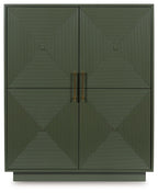Dark green accent cabinet front with diamond geometric door panels and brass-tone handles