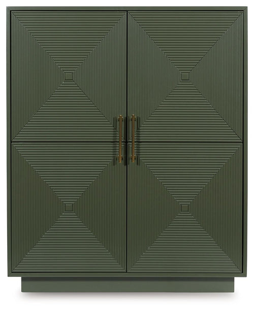 Dark green accent cabinet front with diamond geometric door panels and brass-tone handles