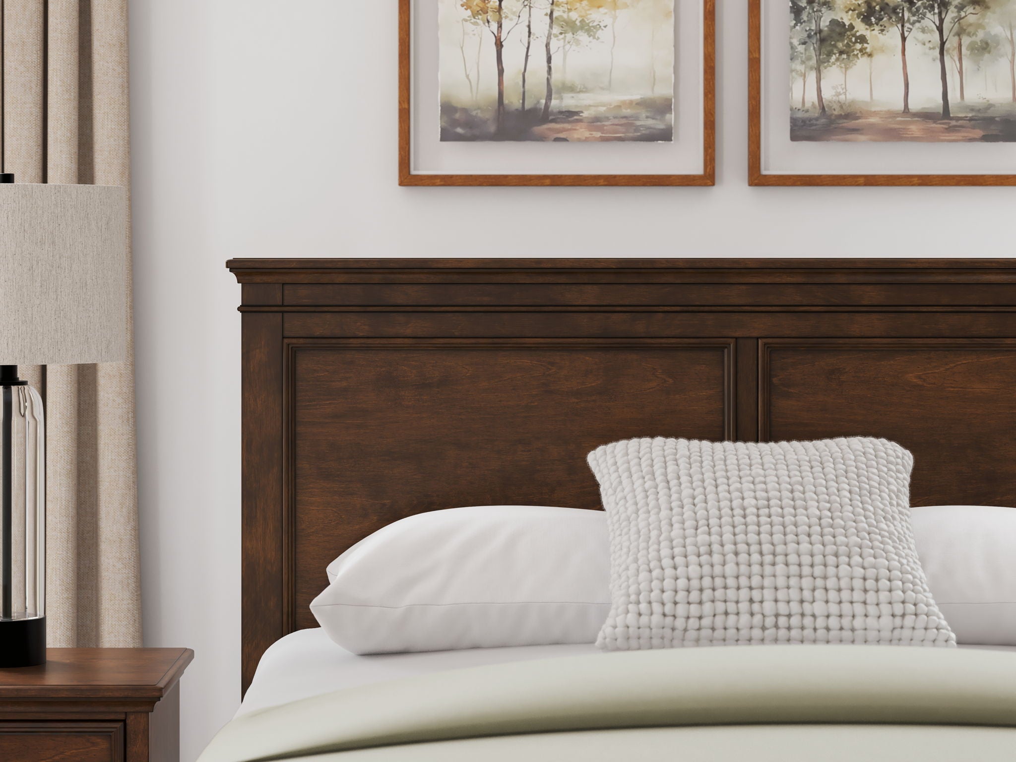 Brown full panel headboard with two inset panels and two white pillows