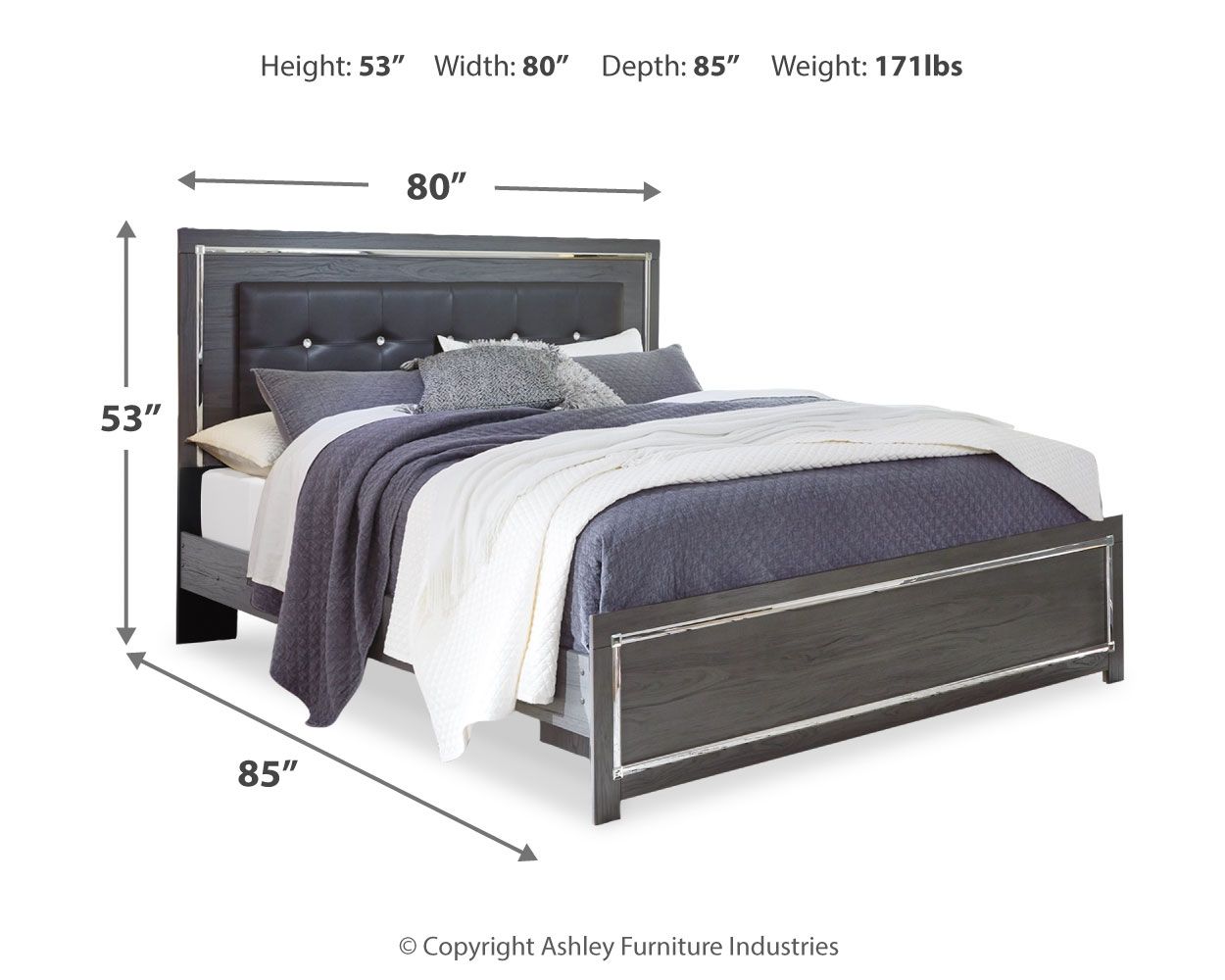 Gray upholstered panel bed with button-tufted headboard and drawer base