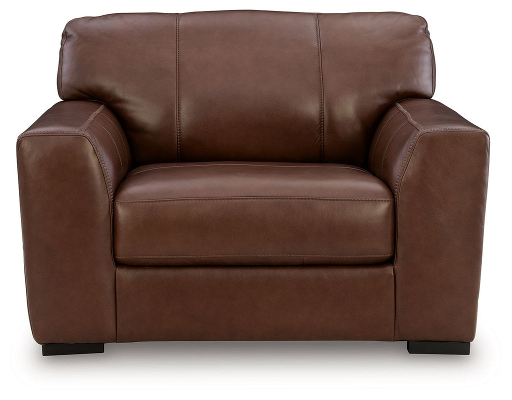 Chair and a half armchair in dark brown leather with center seam and padded backrest