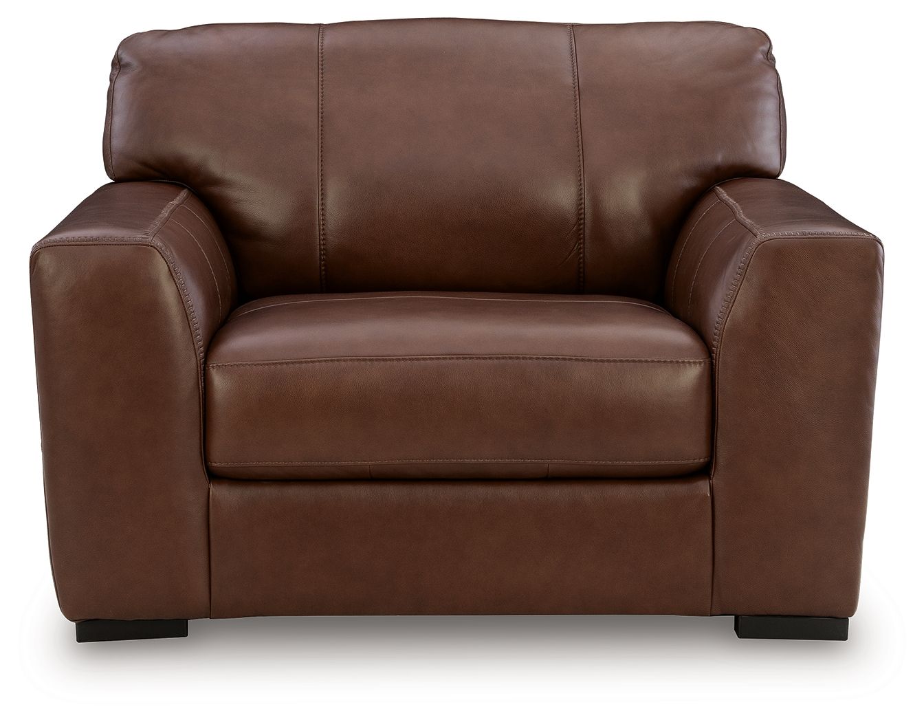 Chair and a half armchair in dark brown leather with center seam and padded backrest