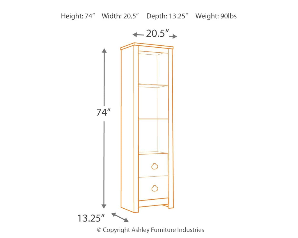 Whitewash wood cabinet with 2 open shelves and two drawers, angled side view
