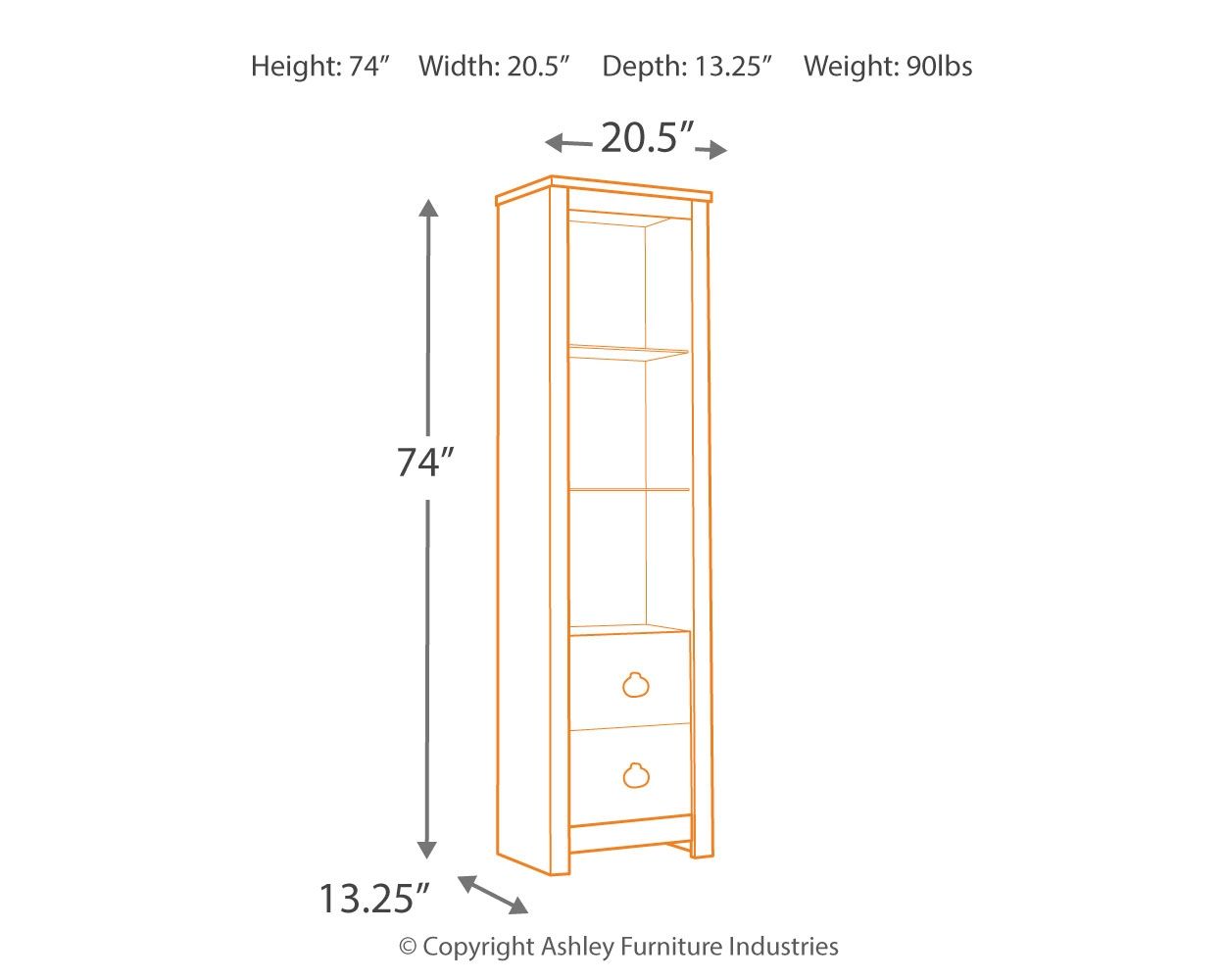 Whitewash wood cabinet with 2 open shelves and two drawers, angled side view