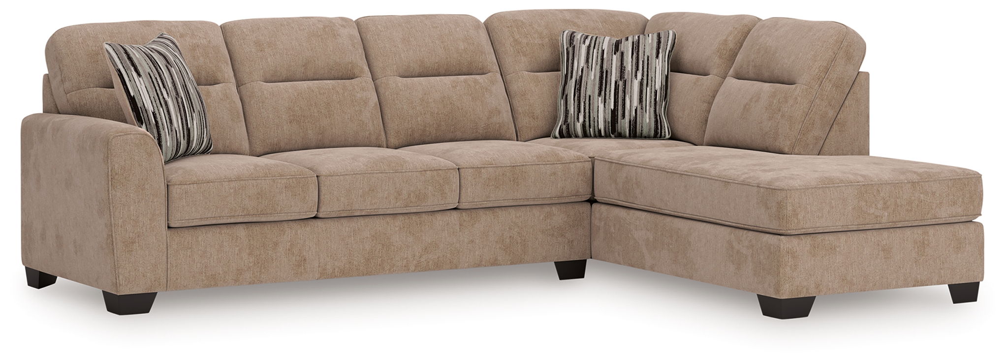 Mocha sectional sofa with corner chaise, tufted back cushions and two patterned pillows