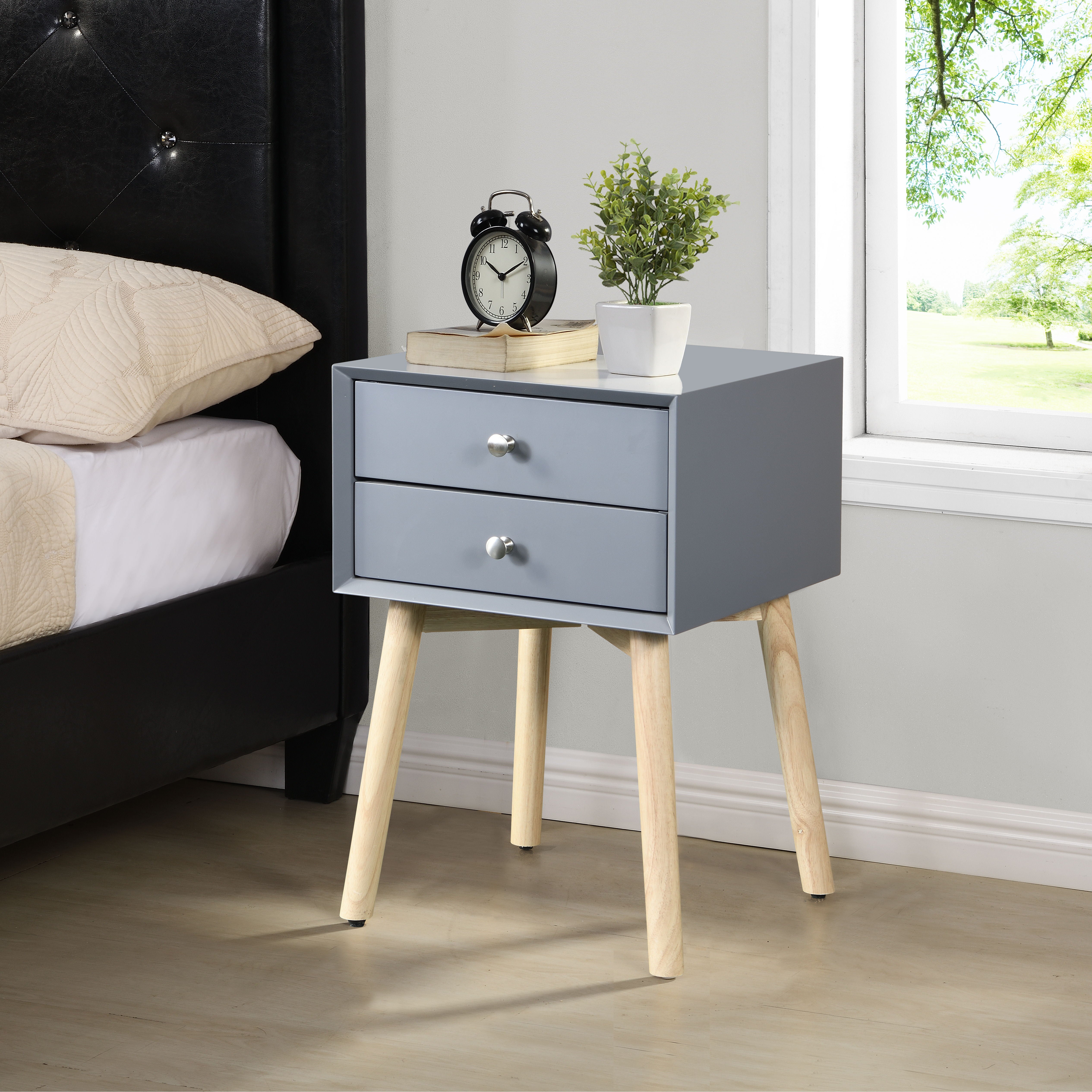 Zfztimber Side Table, Bedside Table With 2 Drawers And Rubber Wood Legs, Mid - Century Modern Storage Cabinet For Bedroom - Gray