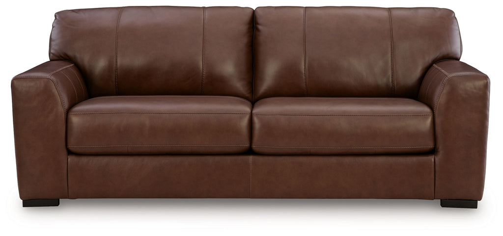 Brown leather sofa, front view, with two seat cushions and three back cushions