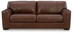 Brown leather sofa, front view, with two seat cushions and three back cushions