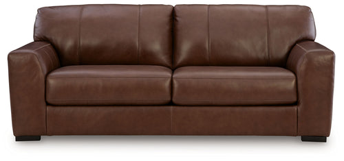 Brown leather sofa, front view, with two seat cushions and three back cushions
