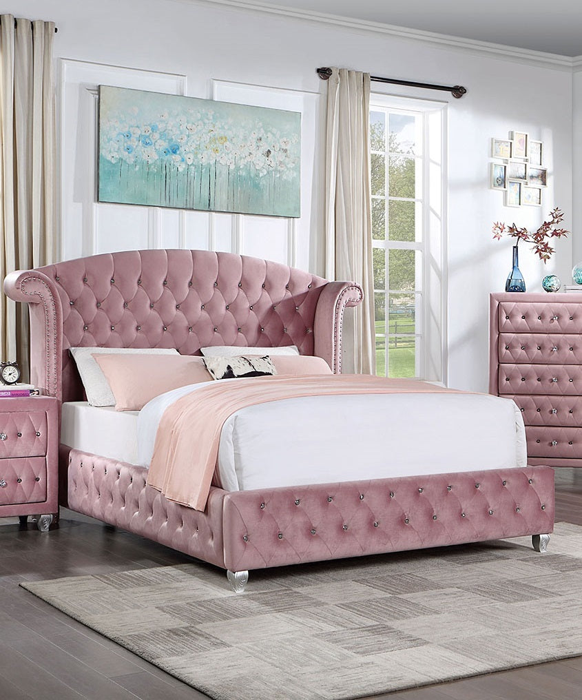 Glam Contemporary Pink Flannelette Queen Wingback Bed w/ Cabriole Legs