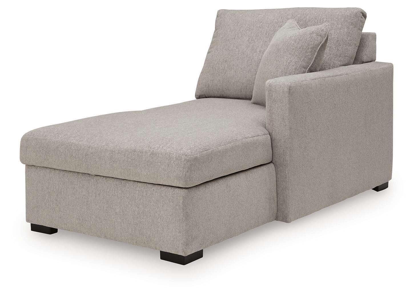 Light gray right-facing corner chaise with broad armrest, seat cushion, and back cushion