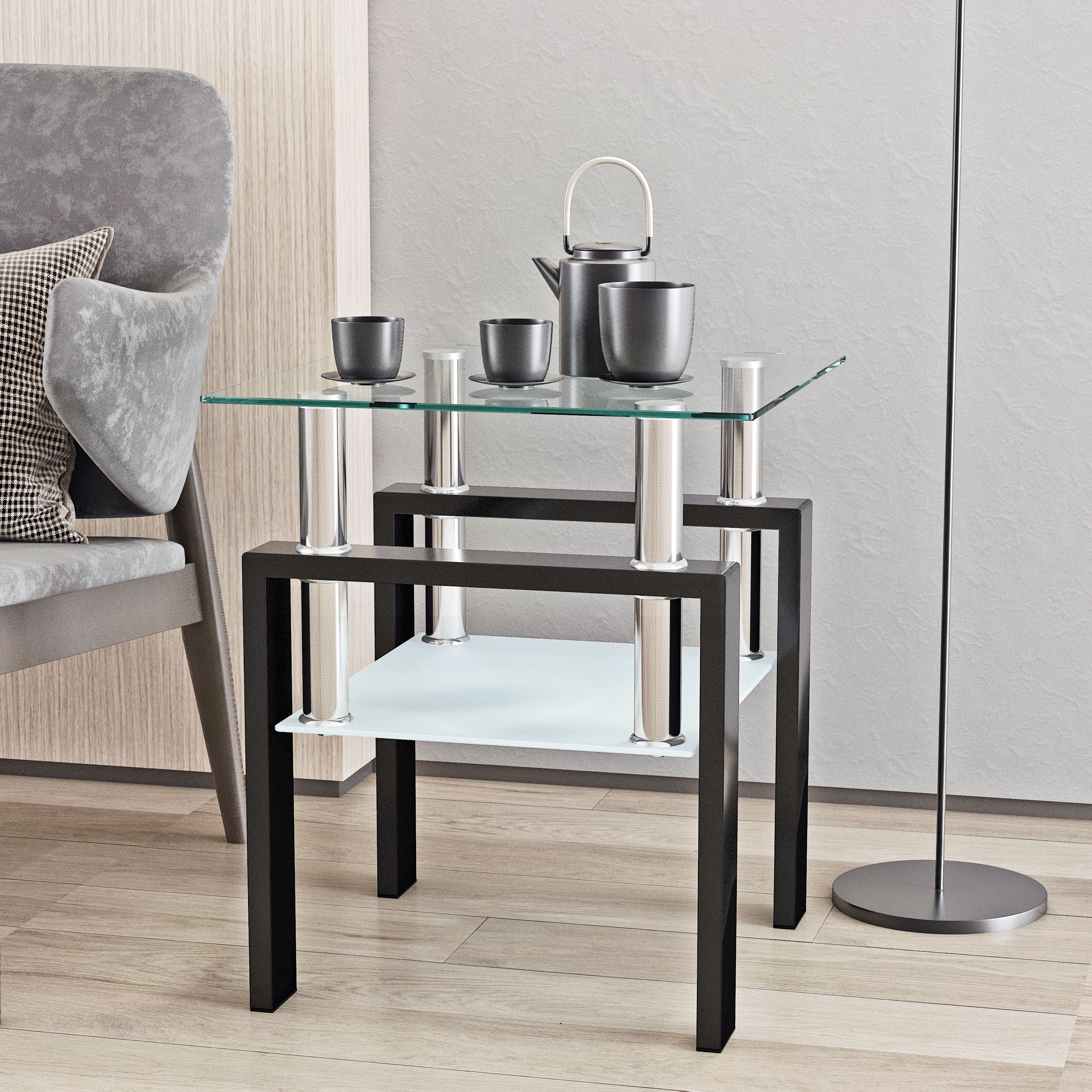 1-Piece Modern Tempered Glass Tea Table Coffee Table End Table, Square Table For Living Room, Transparent / Black
