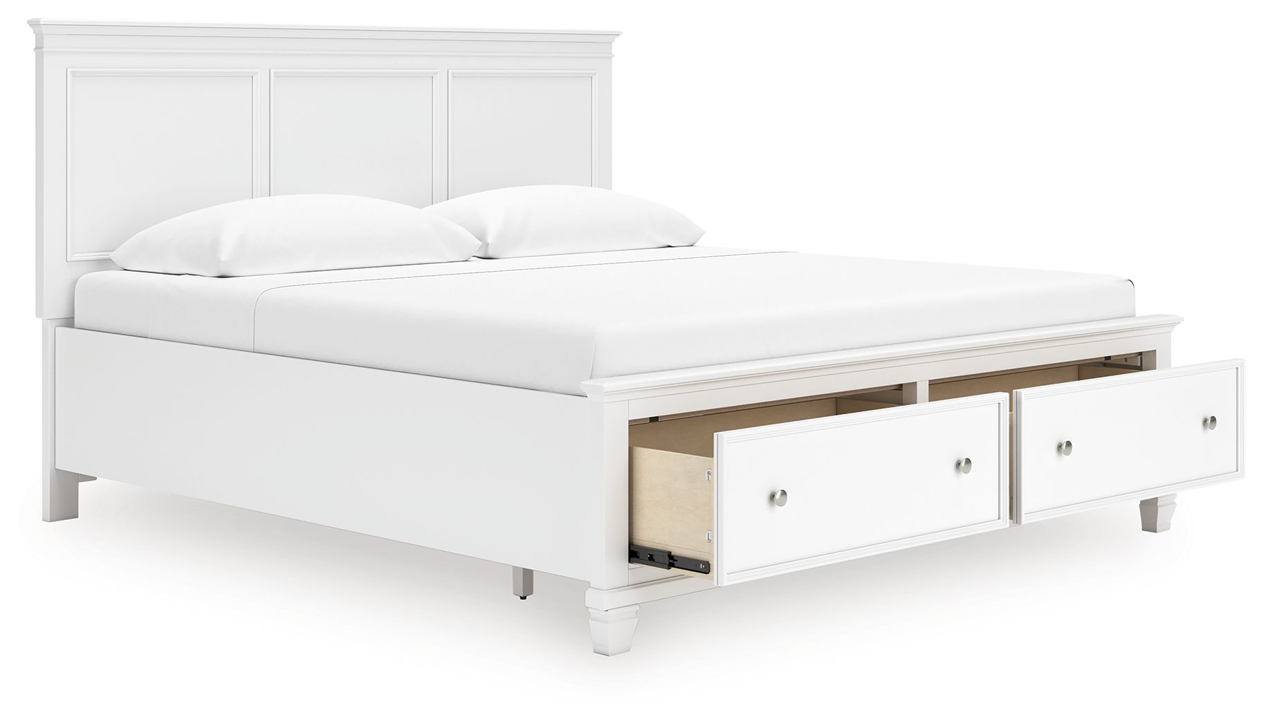 White panel bed with two underbed drawers, open storage compartment, and mattress
