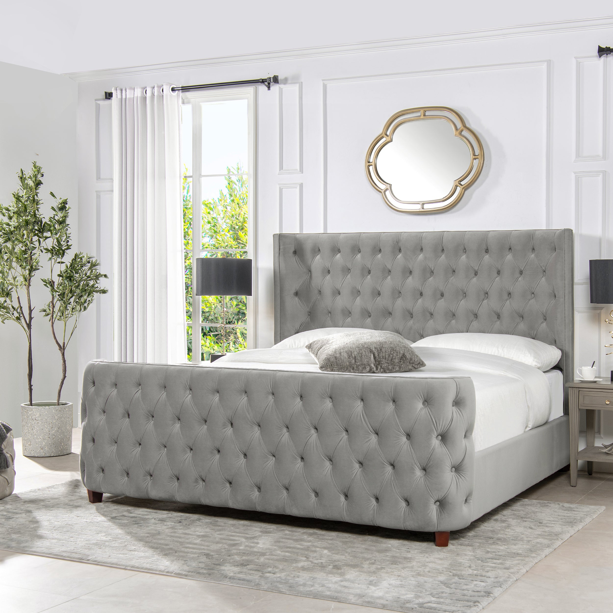 Brooklyn King Tufted Velvet Bed Set - Opal Grey Headboard & Footboard