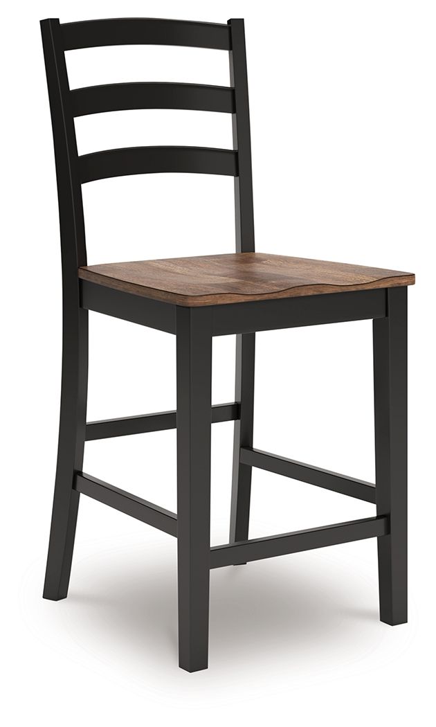 Barstool with dark wood seat and black ladder back, visible legs and footrest