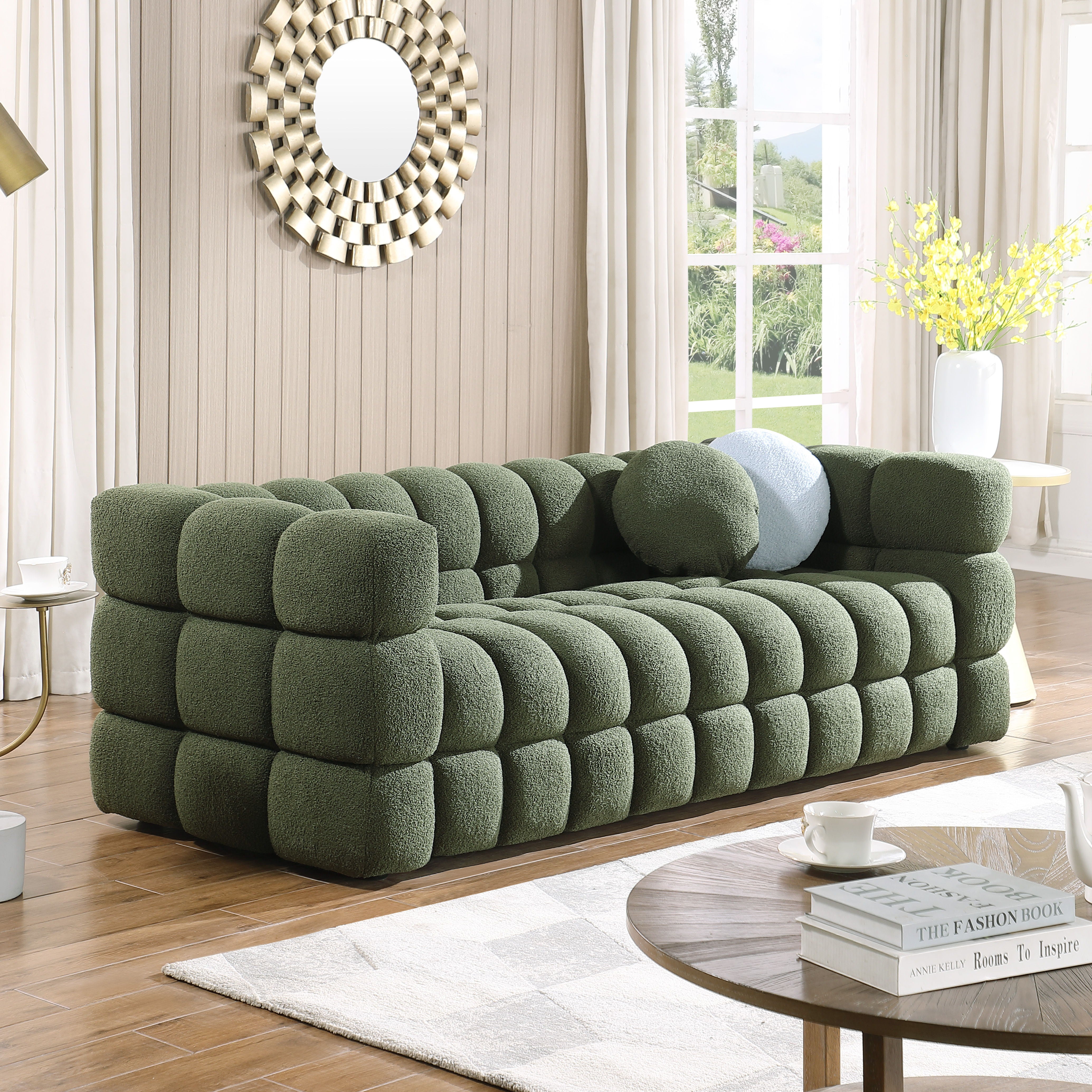 84.3 Length, 35.83" Deepth, Human Body Structure For Usa People, Marshmallow Sofa, Boucle Sofa, 3 Seater, Olive Green Boucle