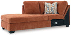 Spice brown corner chaise sofa with rounded arm and geometric patterned cushion