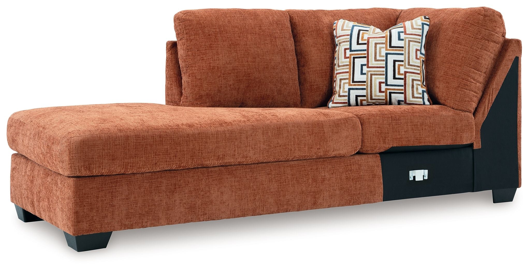 Spice brown corner chaise sofa with rounded arm and geometric patterned cushion