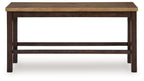 Double counter height bench side view with dark brown legs and horizontal support