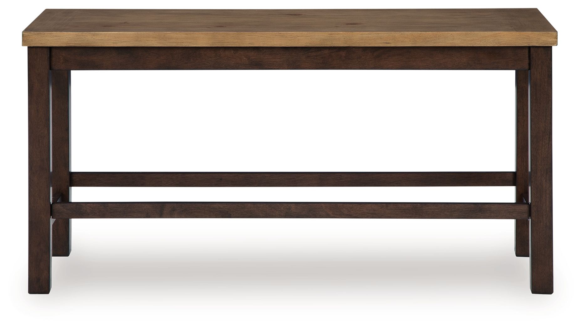 Double counter height bench side view with dark brown legs and horizontal support
