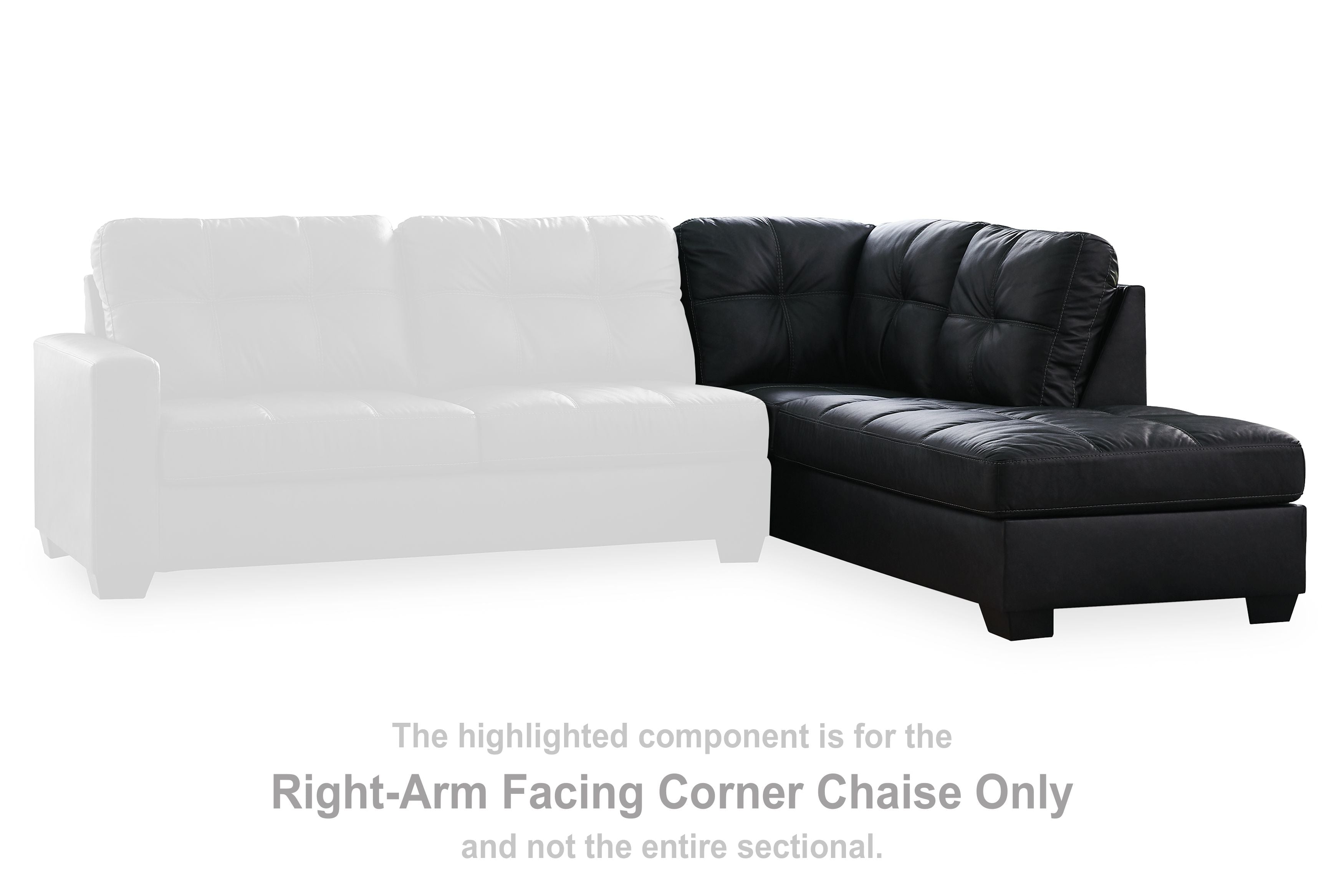 Right-arm facing corner chaise with black leather-like upholstery, tufted back cushions