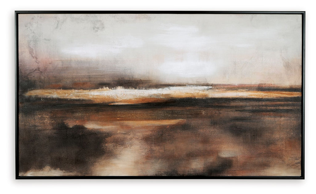 Abstract wall art print with horizontal brown and orange lines over dark background, framed