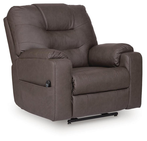 Dark gray power lift recliner with cushioned arms and side storage pocket.