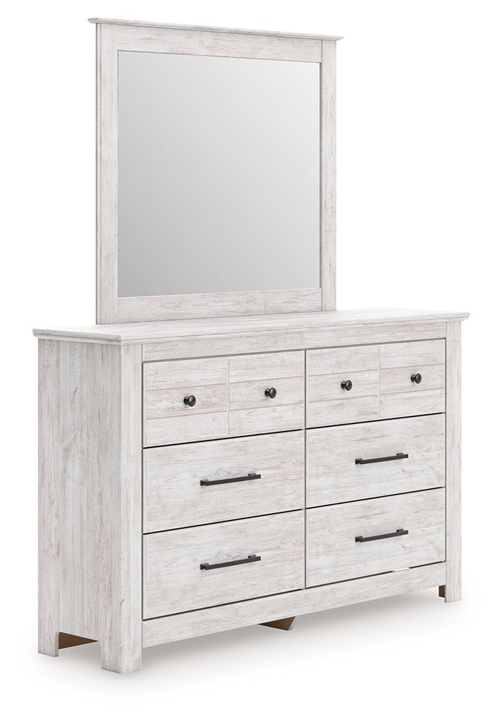Whitewash six-drawer dresser with a tall mirror and black bar handles