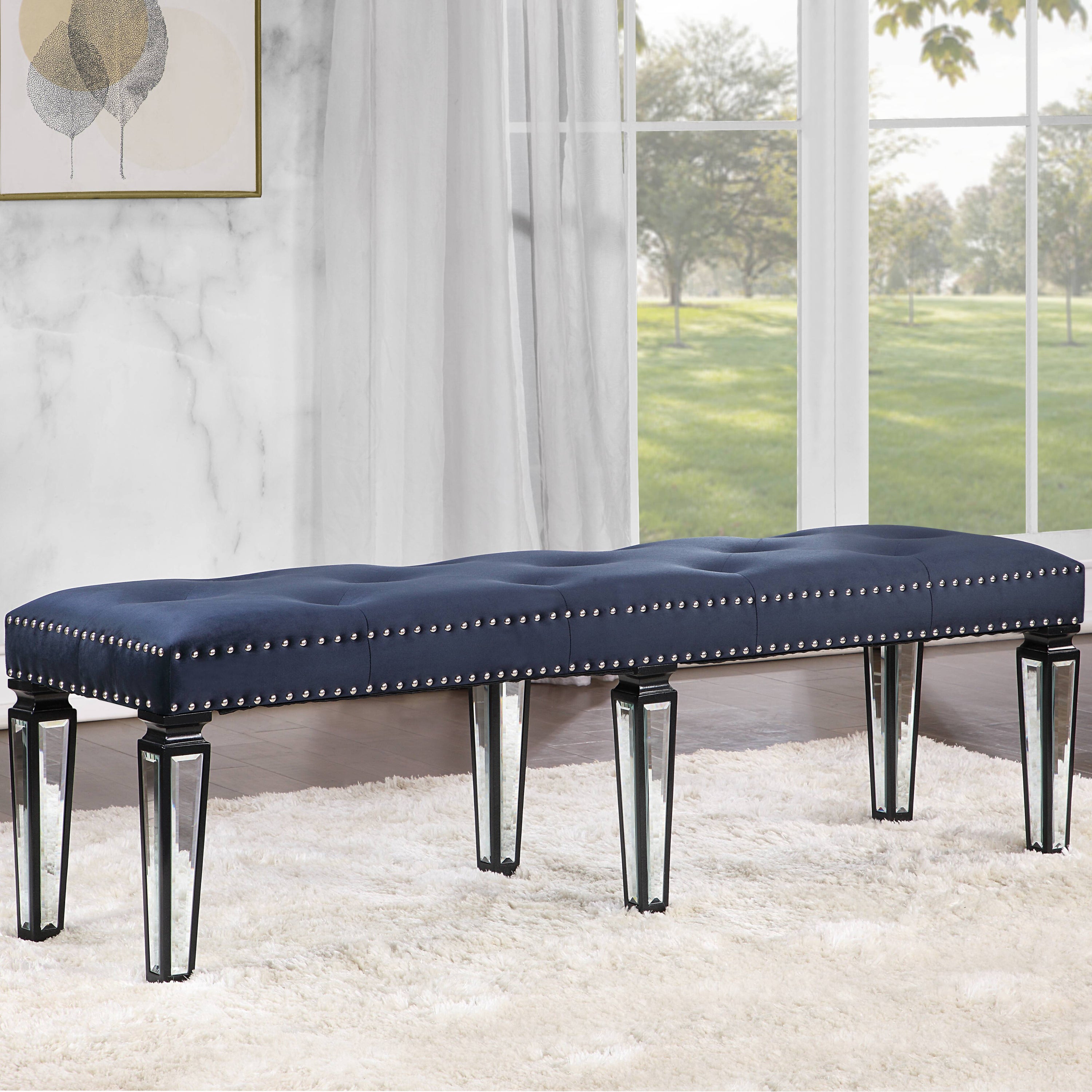 Stylish Dark Navy & Black Tufted Bench