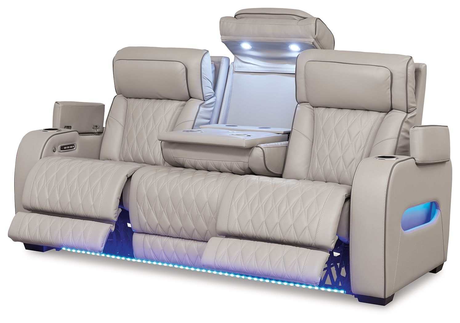 Gray reclining sofa with padded armrests, quilted back, and illuminated headrest