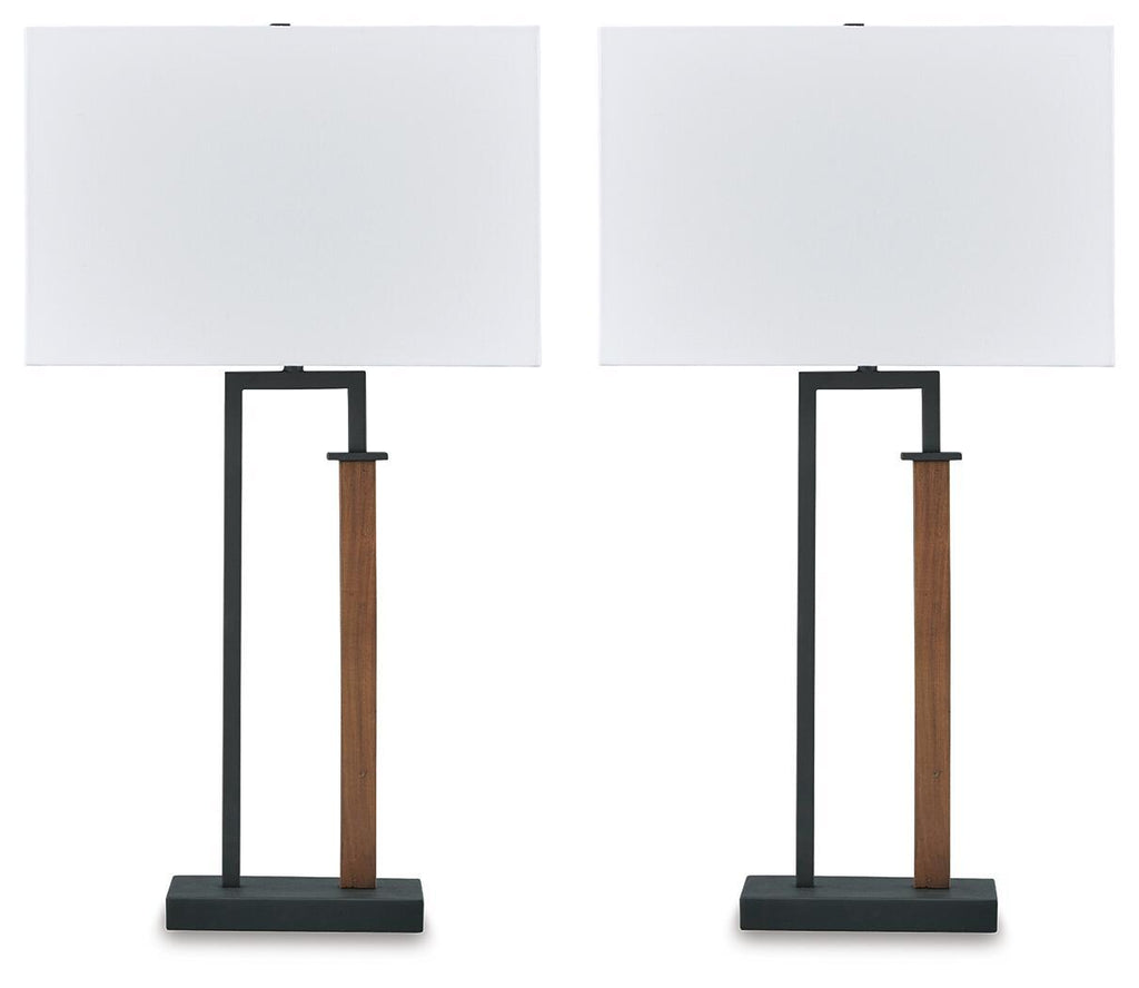 Set of 2 metal table lamps, black frame, brown column, square shade and base
