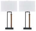 Set of 2 metal table lamps, black frame, brown column, square shade and base