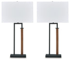 Set of 2 metal table lamps, black frame, brown column, square shade and base