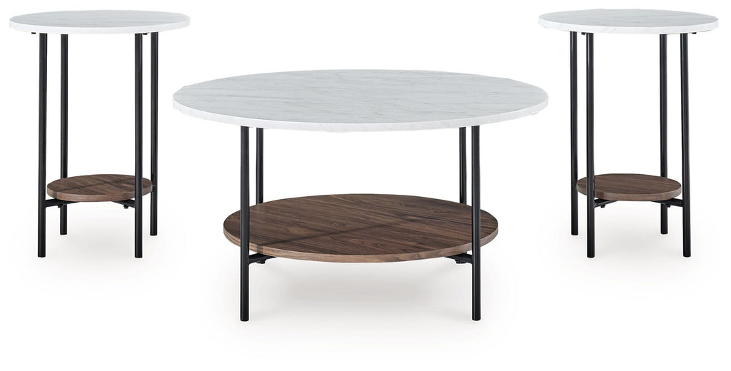 Round 3-table set with white tops, black legs, brown lower shelves
