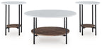 Round 3-table set with white tops, black legs, brown lower shelves