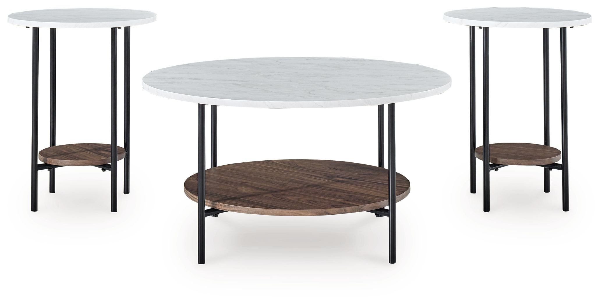 Round 3-table set with white tops, black legs, brown lower shelves