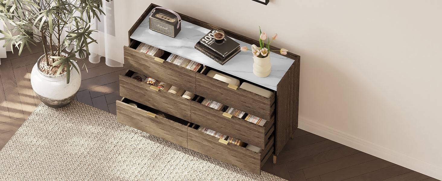 55" 6-Drawer Dresser Marbling Top Walnut