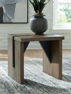Light brown side table with black openwork supports and square tabletop