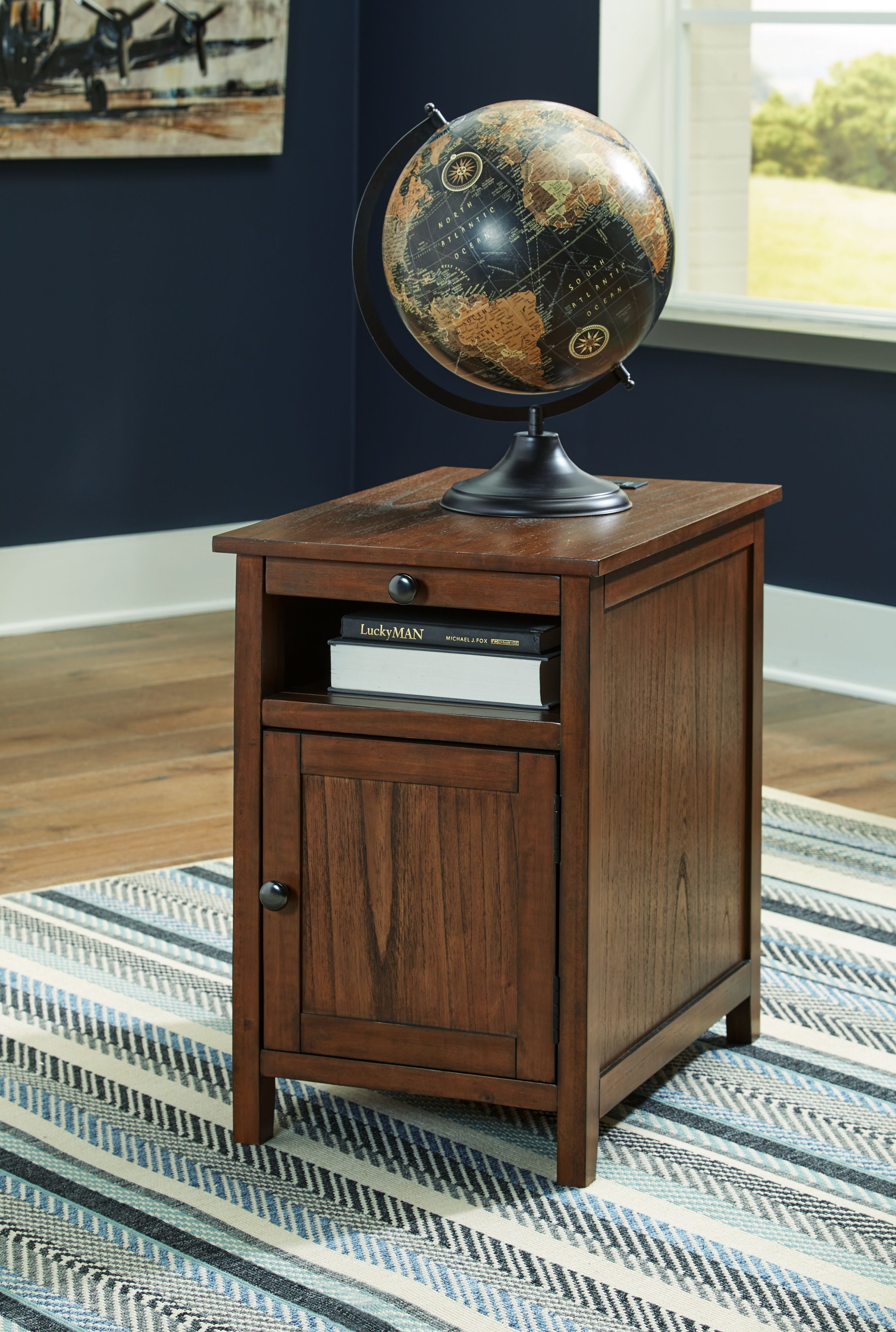 Brown chair side end table with cabinet door and drawer pull, square legs