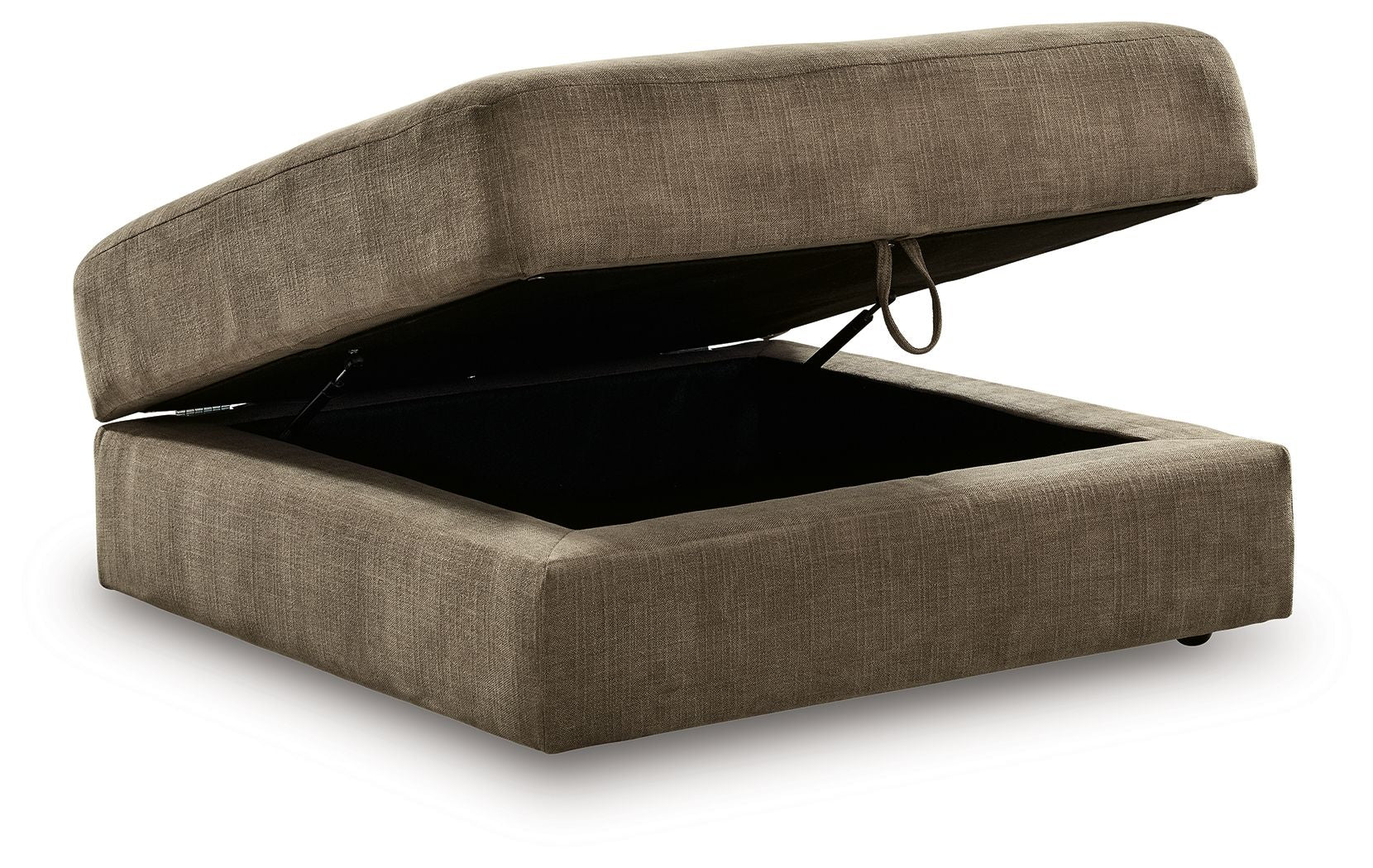 Fabric storage ottoman with open lid, revealing a dark interior compartment