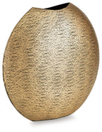 Gold textured vase with rounded teardrop shape and dark opening