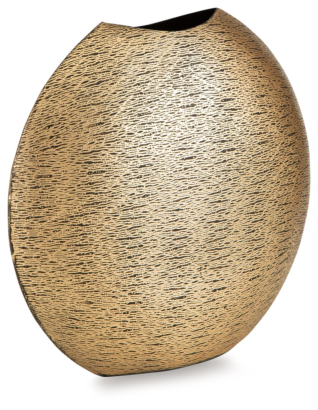 Gold textured vase with rounded teardrop shape and dark opening